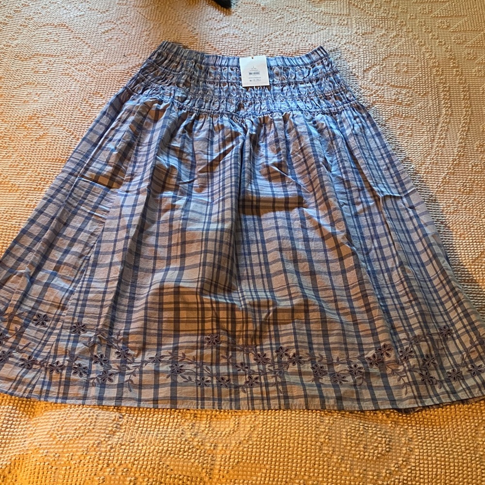 Blue Plaid Circle Skirt with Embroidered Hem